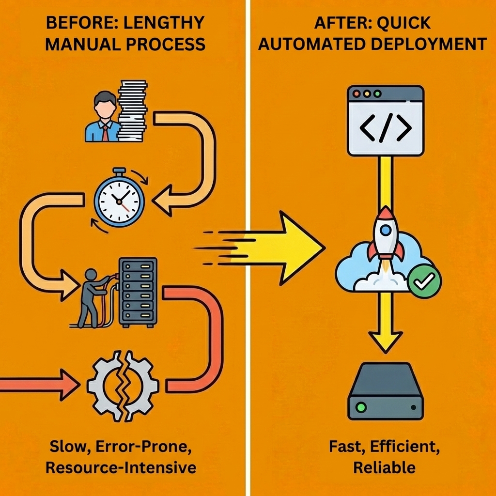 Before and after comparison showing a lengthy manual process transforming into a quick automated deployment
